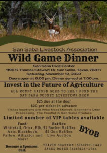 Wild Game Dinner @ San Saba Civic Center | San Saba | Texas | United States